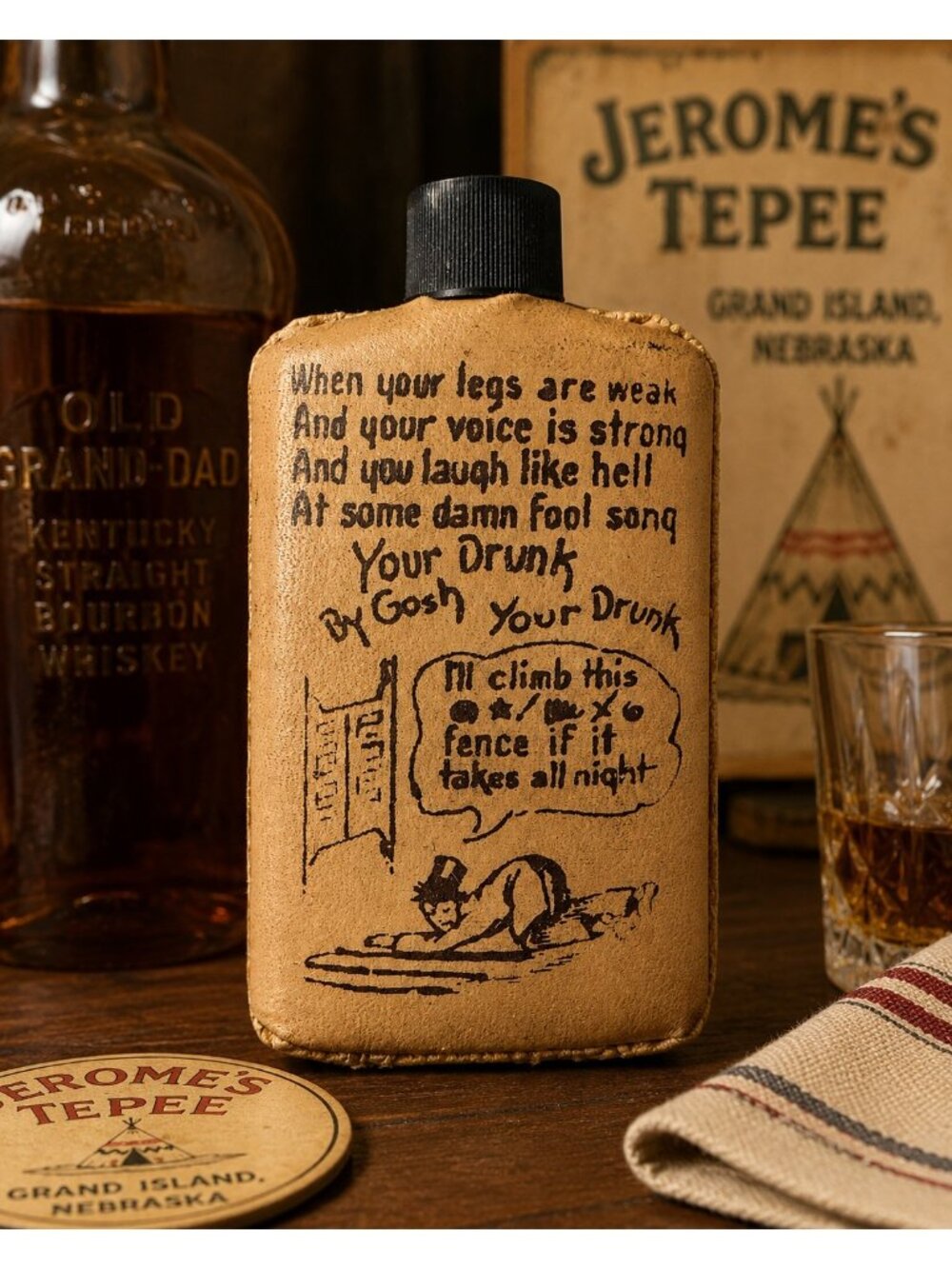 Vintage Jerome's Tepee Grand Island Nebraska Glass Flask Leather Covered Souveni - Picture 6 of 6